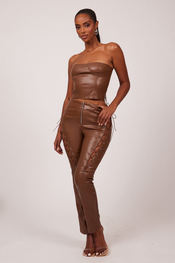 The Leather Lace up skinny trouser- Brown