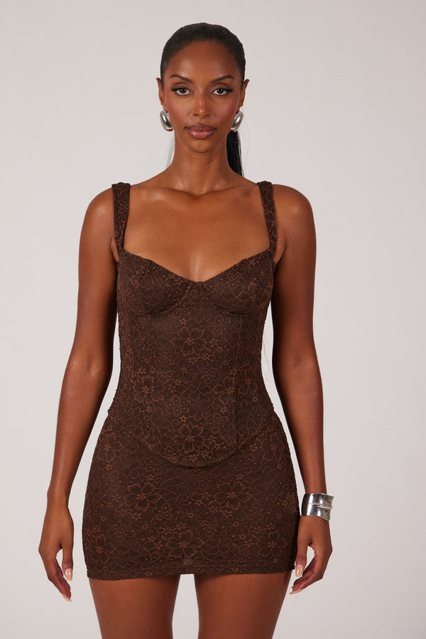 The Cinched Lace Corset Mini Set - Brown