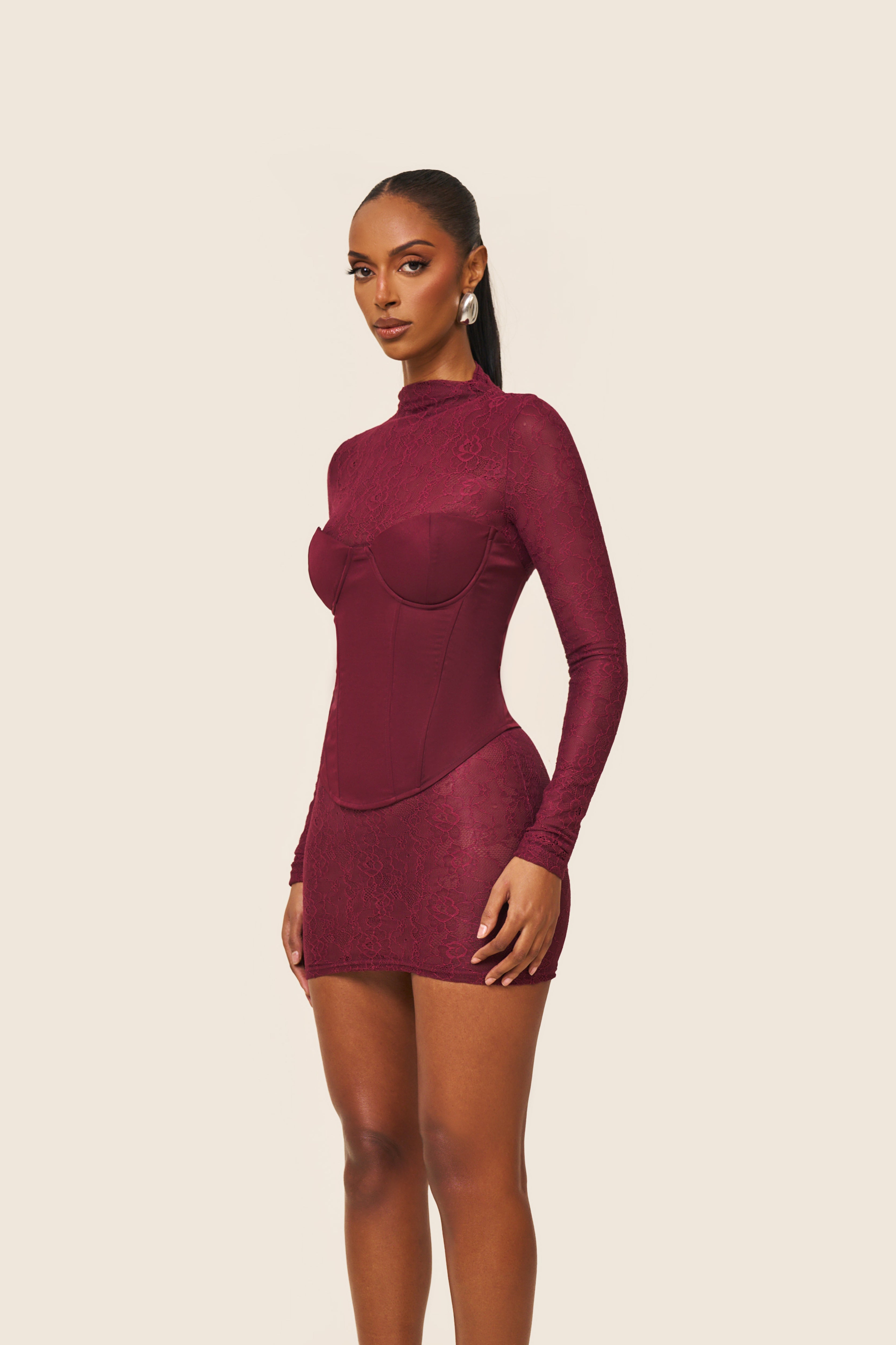 Burgundy Long Sleeve Lace Mini Dress with Corset | Kenza Mini