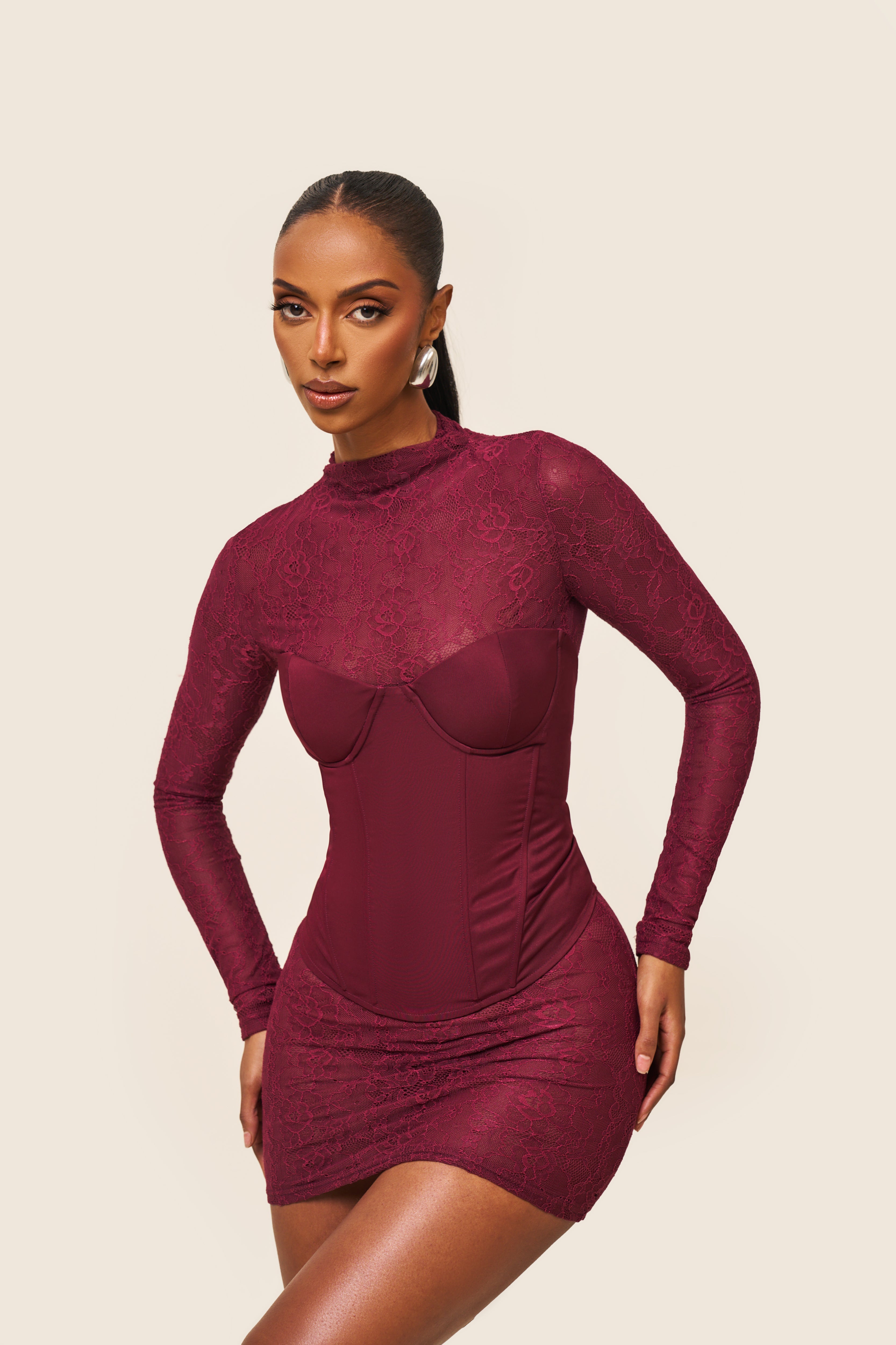 Burgundy Long Sleeve Lace Mini Dress with Corset | Kenza Mini