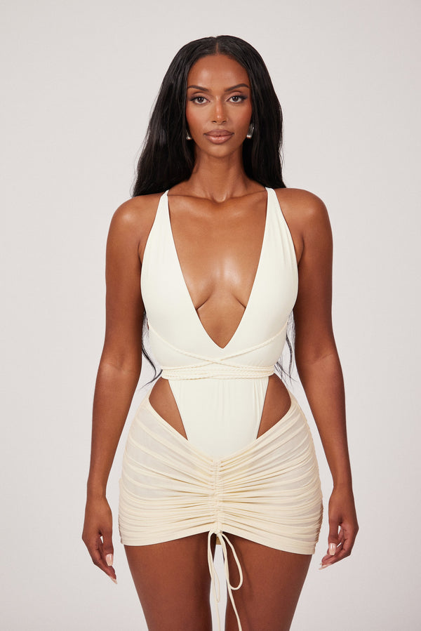 Mesh Ruched Coverup Skirt - Cream