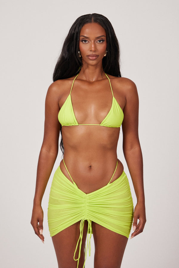 Mesh Ruched Coverup Skirt - Lime