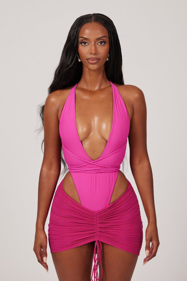 Mesh Ruched Coverup Skirt - Fuchsia