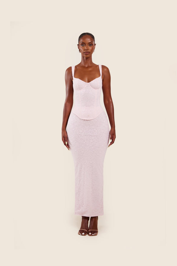 The Cinched Lace Corset Maxi Set in Baby Pink