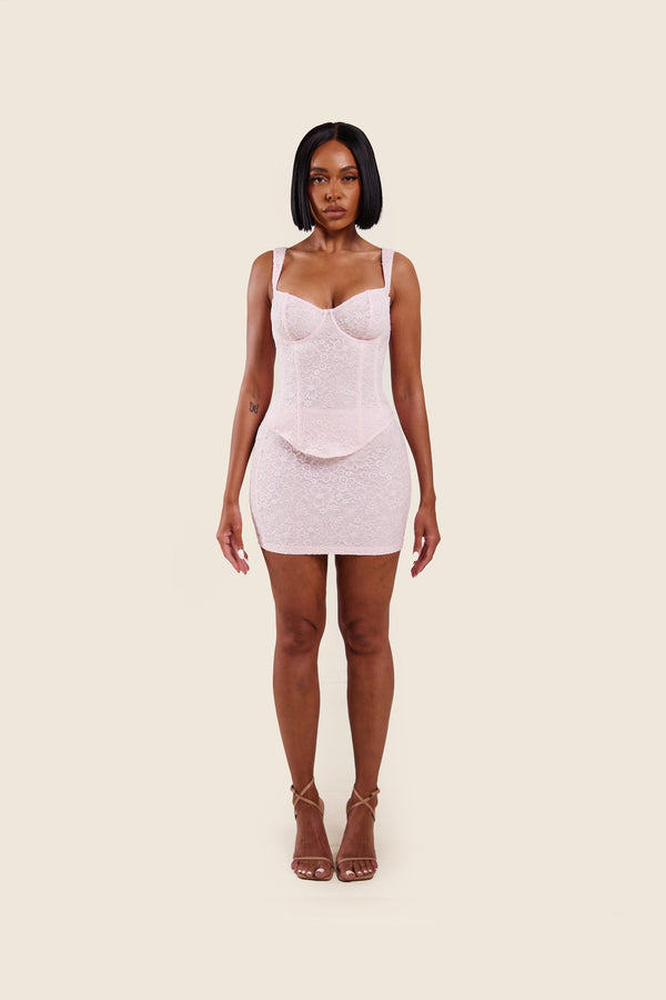 The Cinched Lace Corset Mini Set in Baby Pink