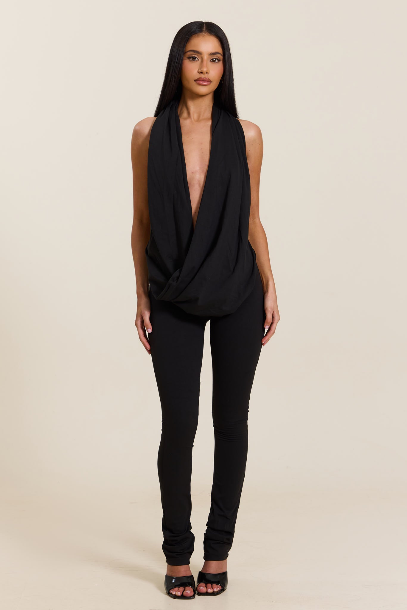Black Plunge Neckline Top | Leia Soft Draped Top – Mars The Label USA