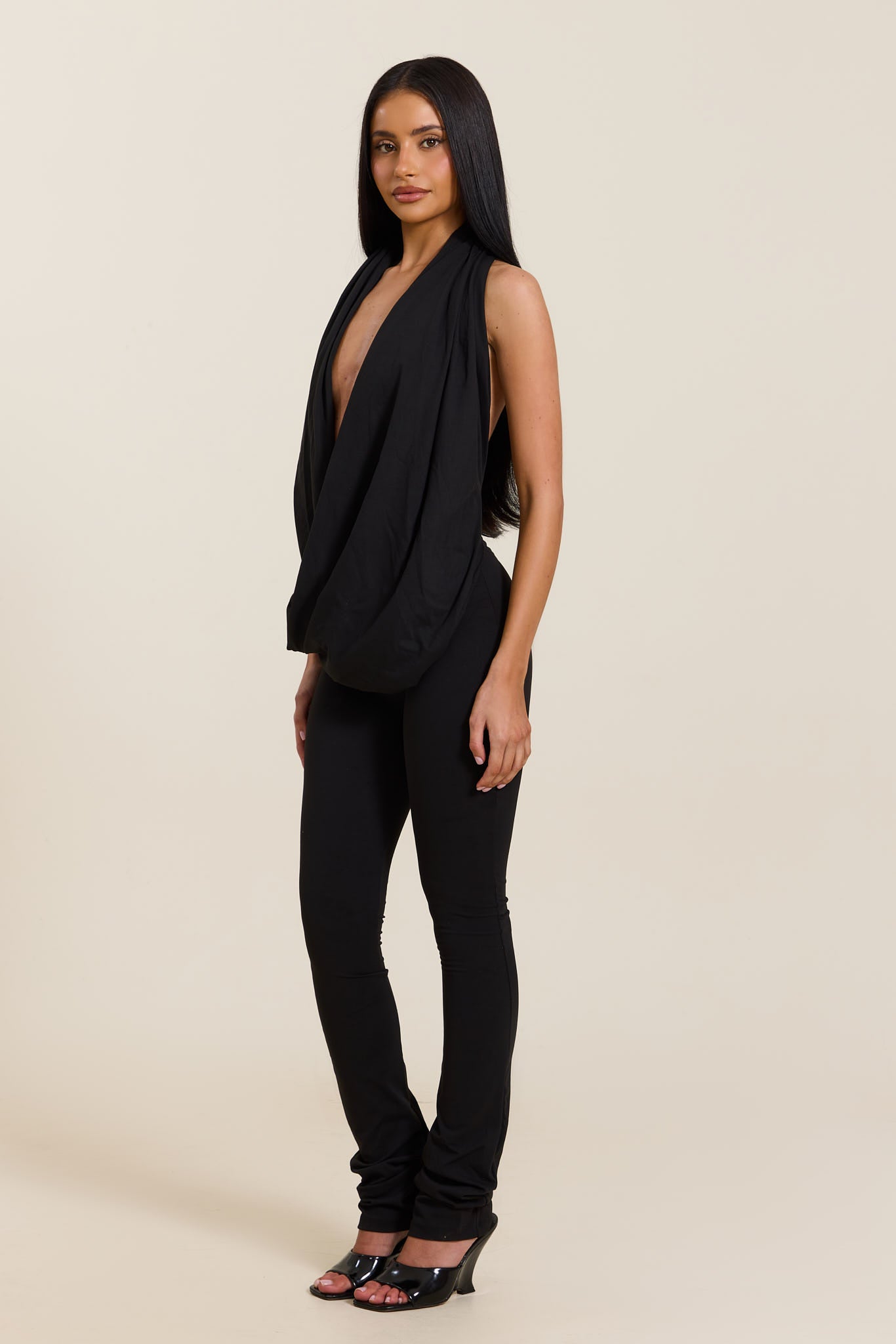 Black Plunge Neckline Top | Leia Soft Draped Top – Mars The Label USA