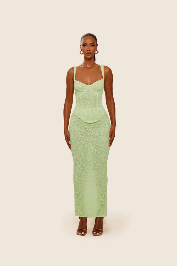 The Cinched Lace Maxi Set in Lime
