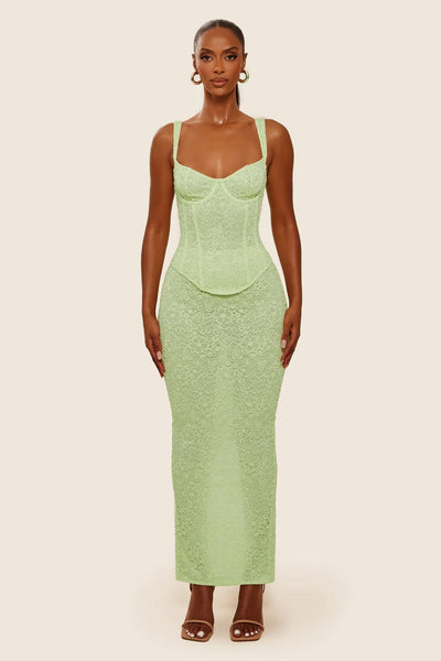 Lime Cinched Lace Corset Set with Maxi Skirt & Deep Neckline UK 18