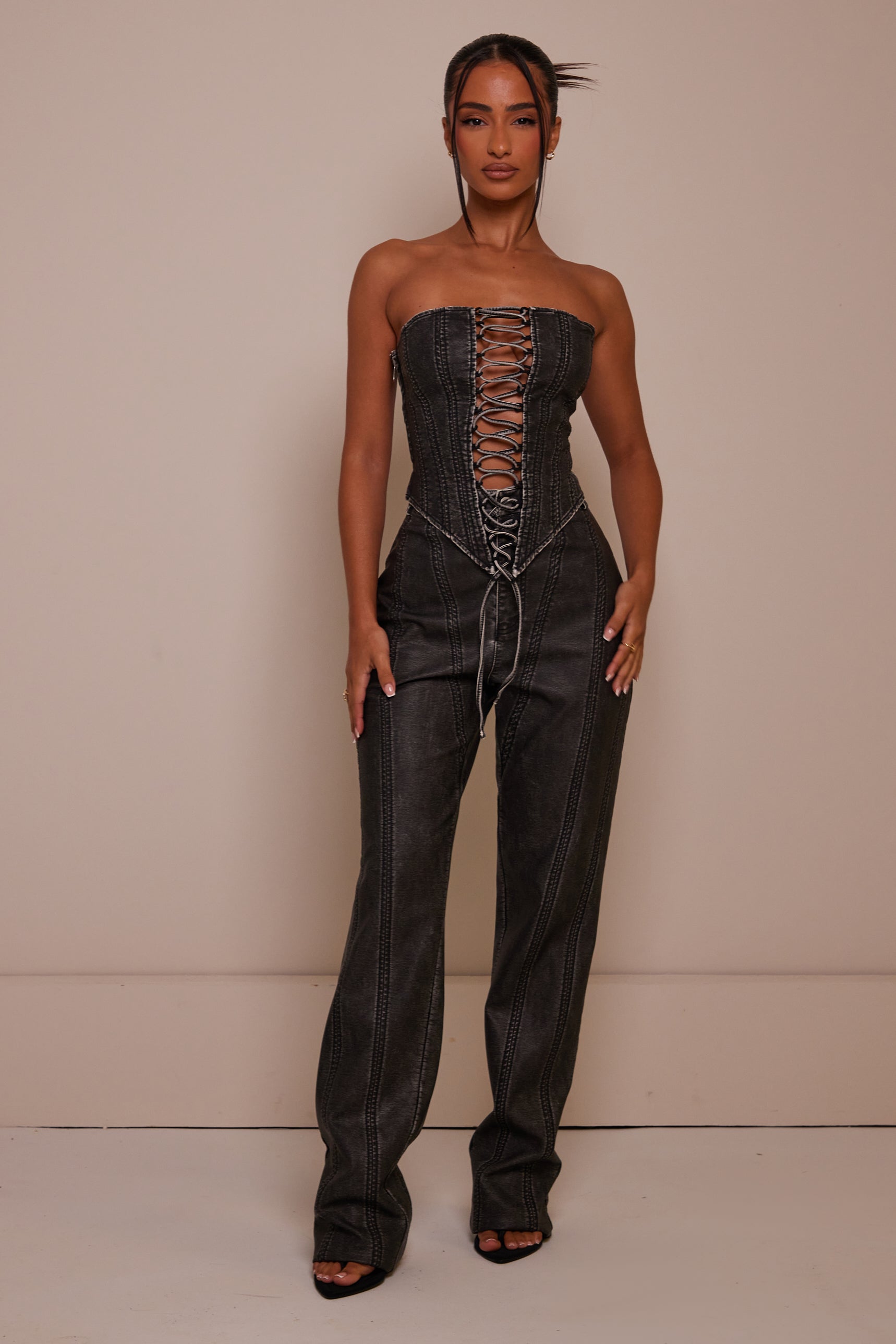 The Lace Up Front Leather Corset in Wash Black – Mars The Label USA