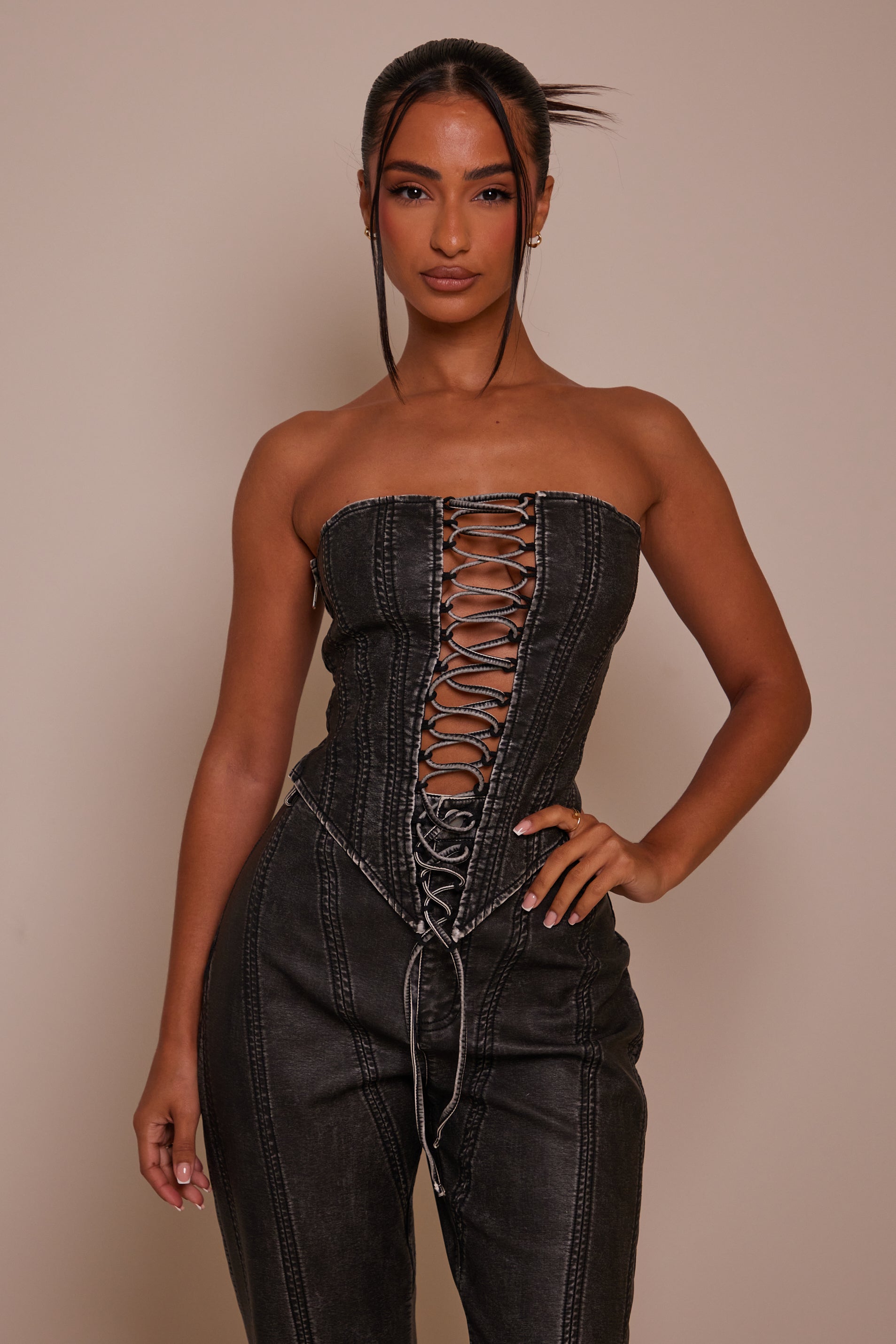 The Lace Up Front Leather Corset in Wash Black – Mars The Label USA