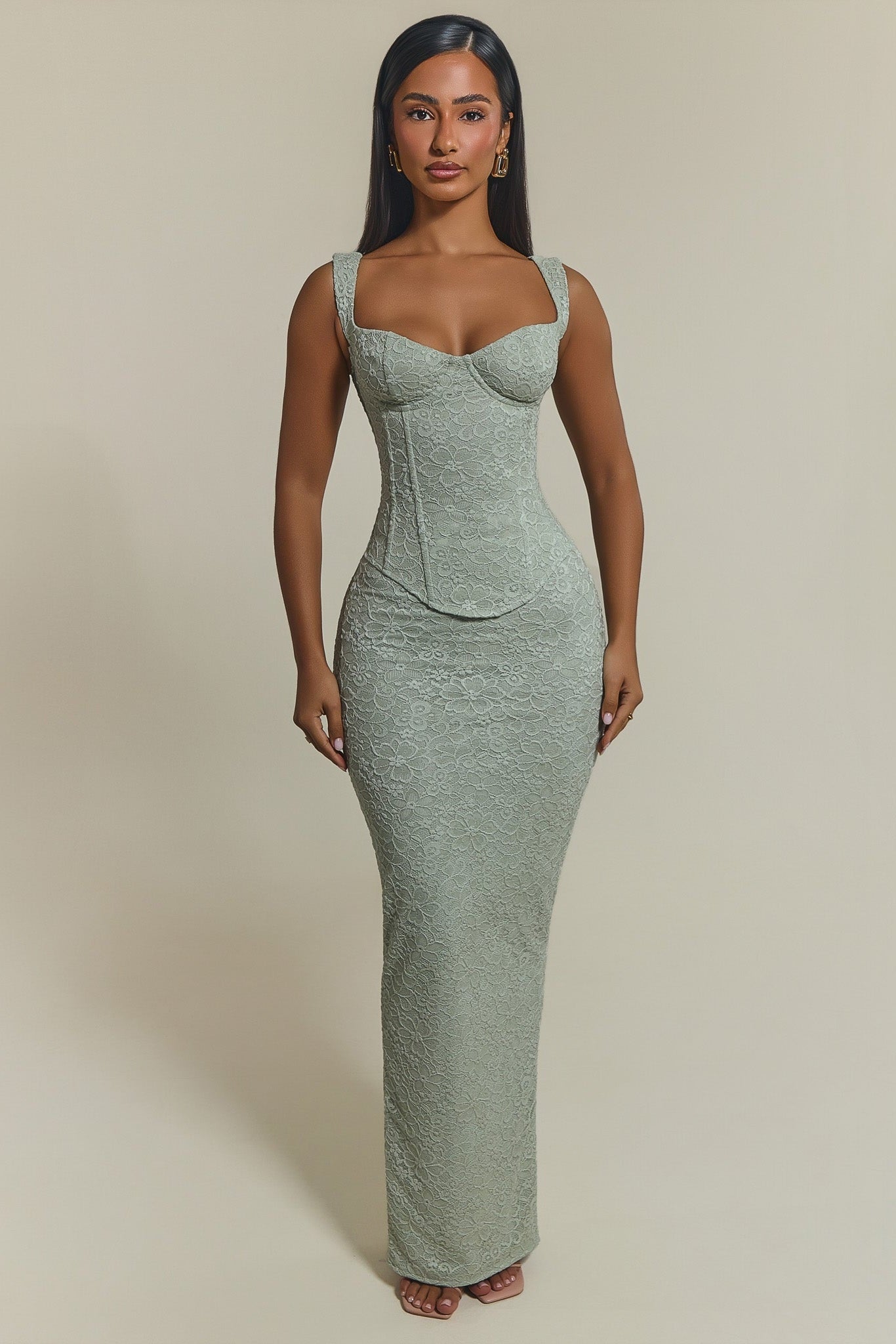 The Cinched Lace Corset Maxi Skirt Set in Sage Green Mars The