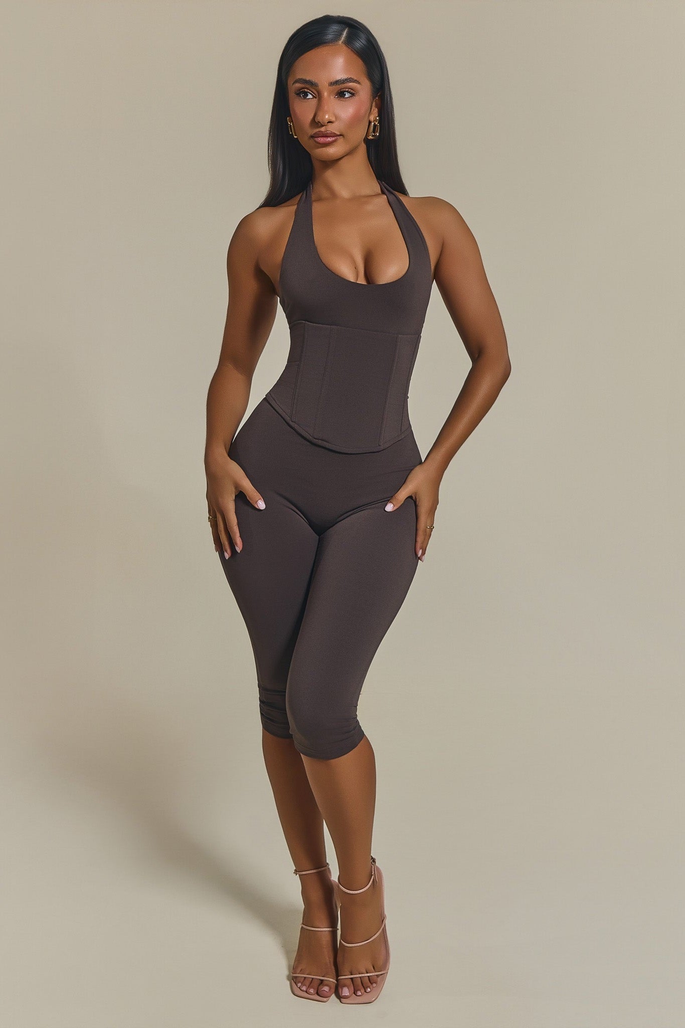 The Sandra Capri Corset Jumpsuit in Brown Mars The Label | Express