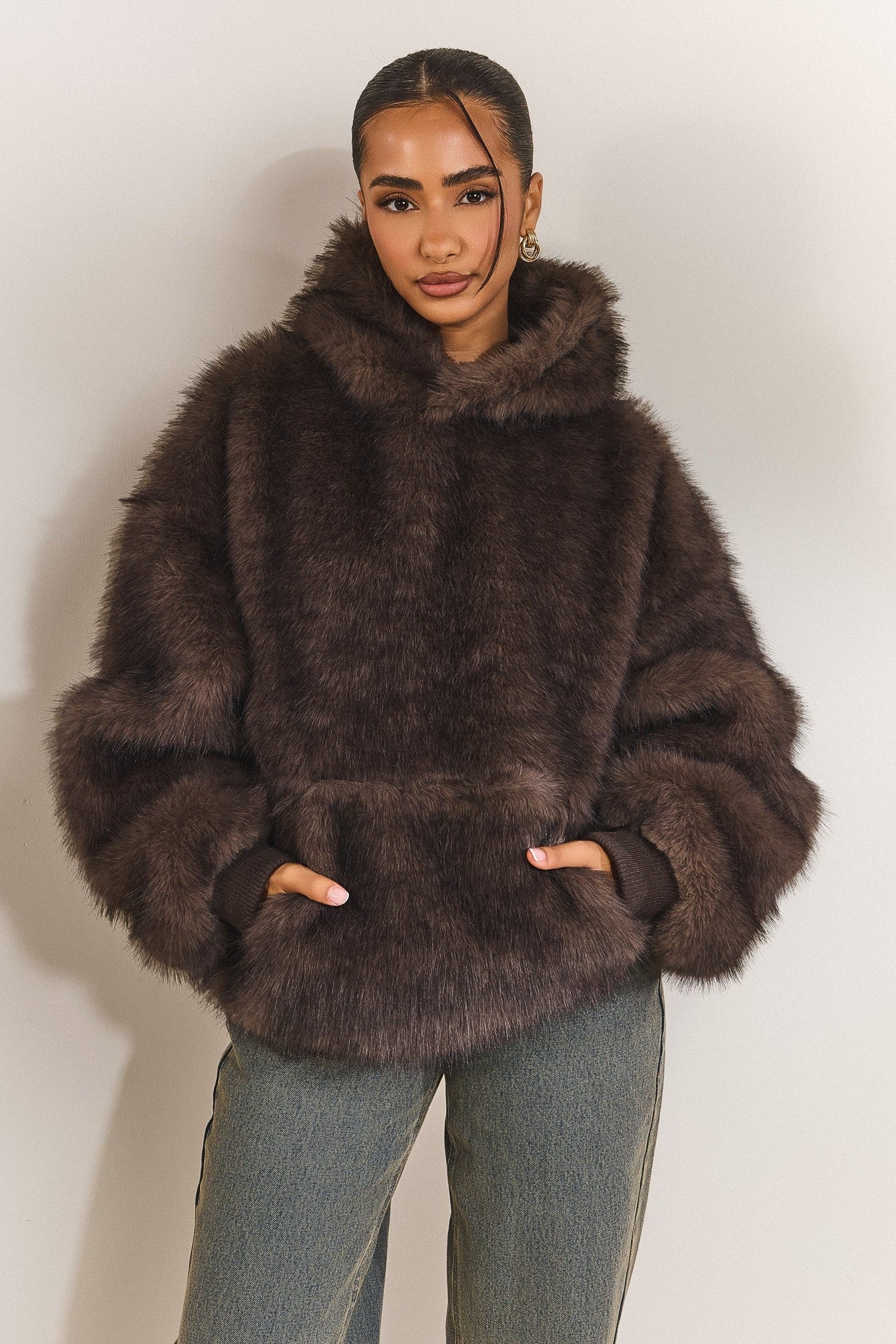 The Blair Fur Hoodie in Brown – Fast Delivery Available – Mars The