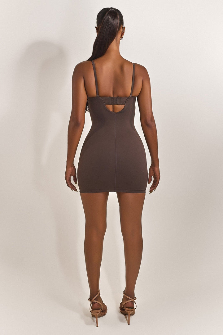 Sculpt Mini Dress in Brown Sleek & Body-Contouring Fit Mars The Label USA Sculpt Mini Dress in Brown Sleek & Body-Contouring Fit Mars The Label USA
