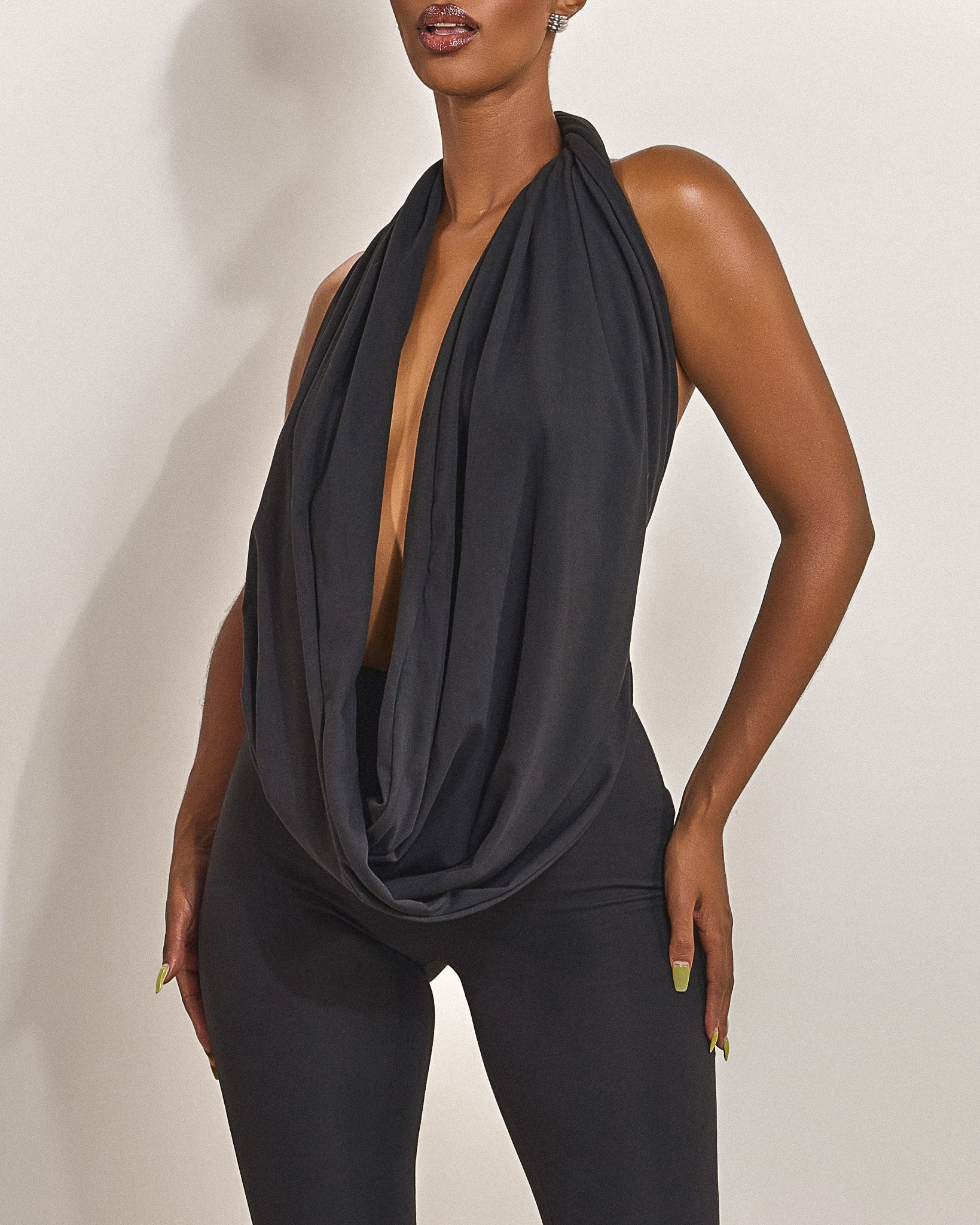 Black Plunge Neckline Top | Leia Soft Draped Top – Mars The Label USA