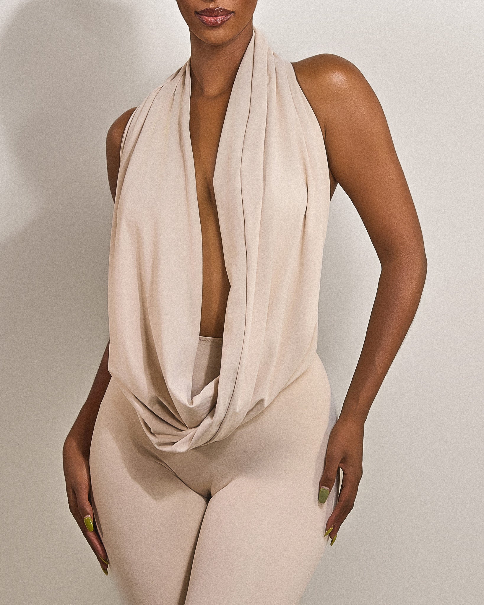 Stone Coloured Plunge Neckline Top | Leia Soft Draped Top – Mars