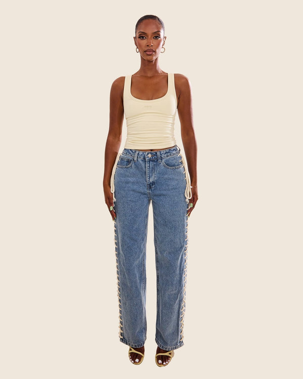 The Denim Lace Up Jeans in Dark Wash