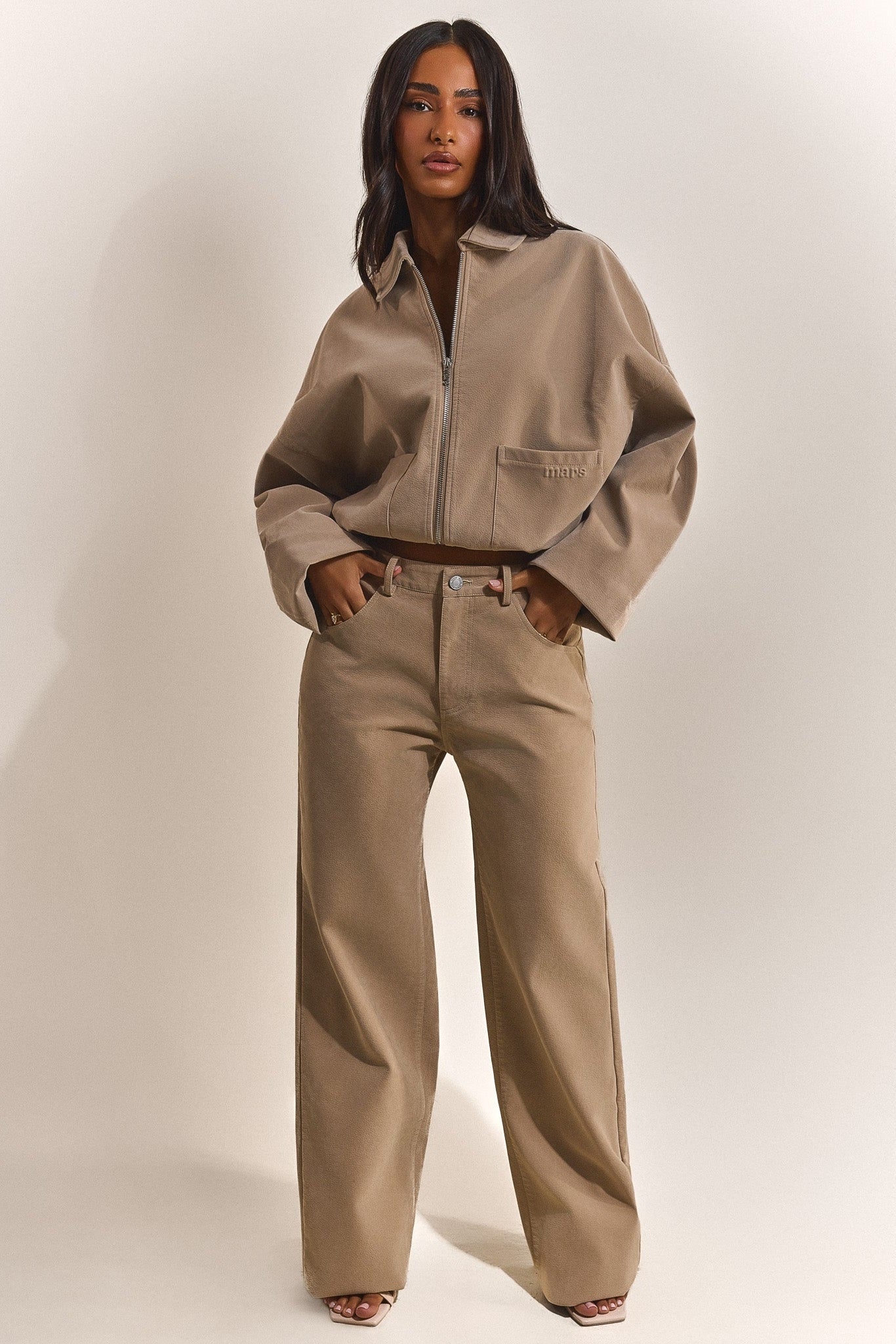 The Isla Faux Suede Cropped Jacket in Beige | Mars The Label