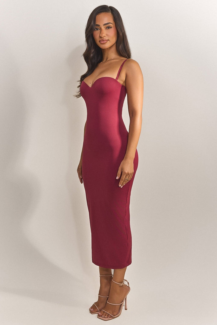 keep it simple ruched bandeau midaxi dress in dark red Burgundy Woven Bandeau Ruched Skater Midaxi Dress