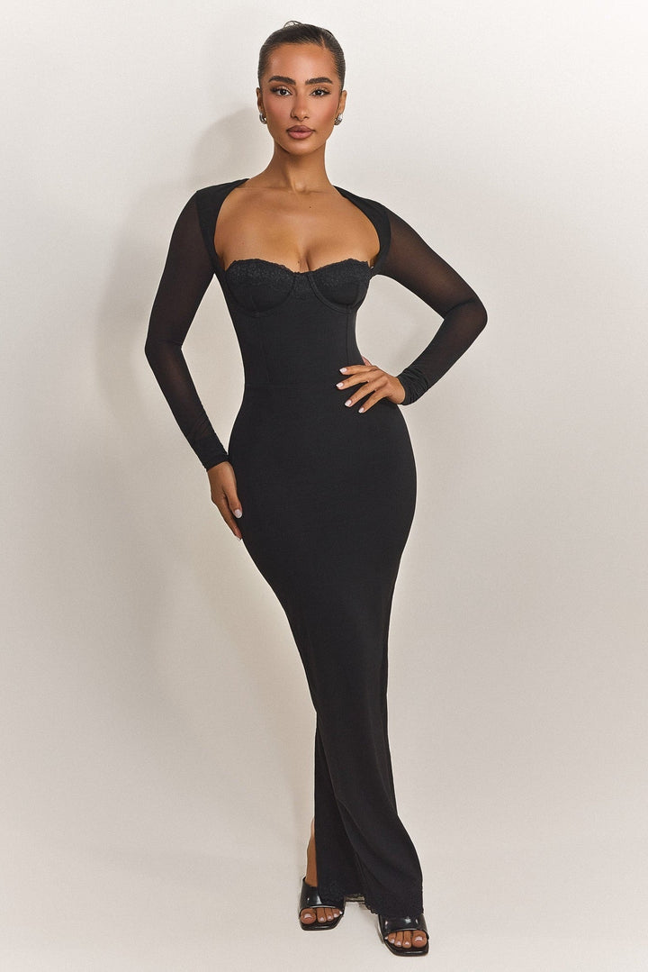 Black Long Sleeve Biji Maxi Dress _ Elegant Minimalist Fit UK 8