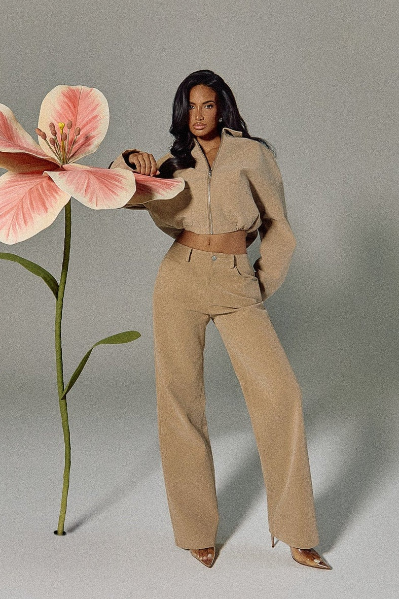 The Isla Faux Suede Cropped Jacket in Beige | Mars The Label