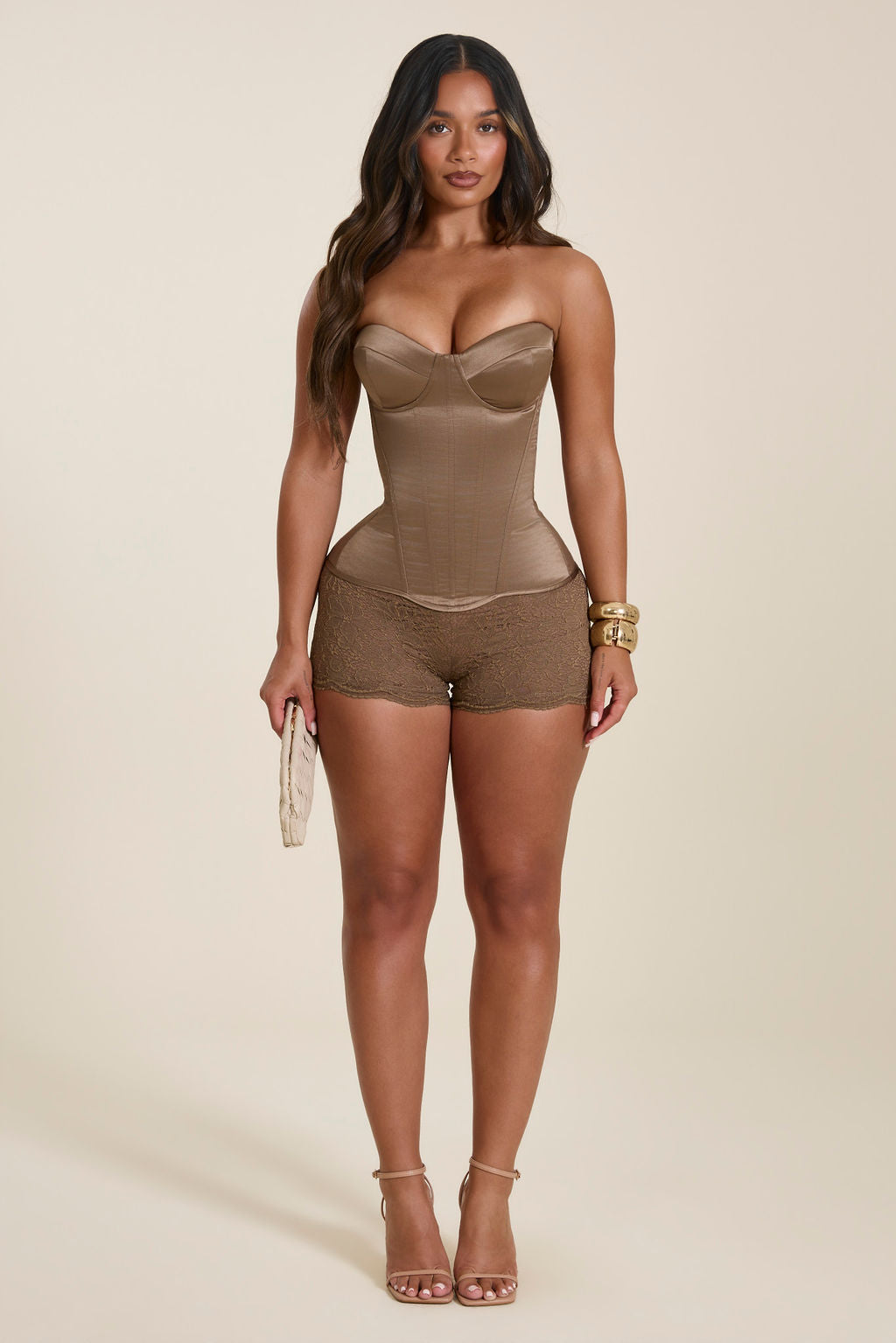 The Harlow Lace Mini Shorts in Soft Brown | Mars The Label