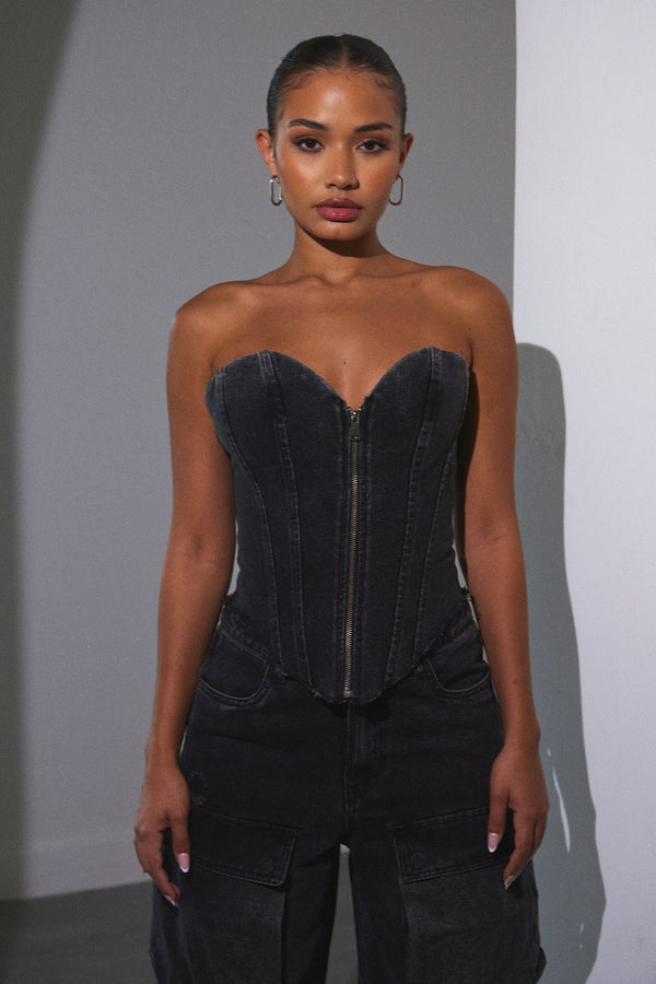 Denim Zip Corset - Dark Wash