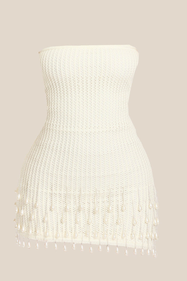 marvellous creations mini dress White Knit Mini Dress with Pearl Embellishment