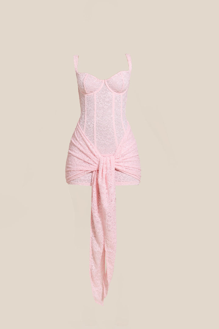 Pink Cinched Lace Mini Dress with Tie