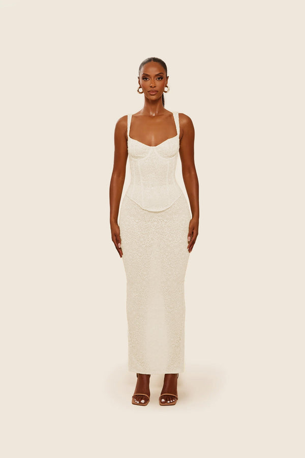 The Cinched Lace Maxi Set in Off White