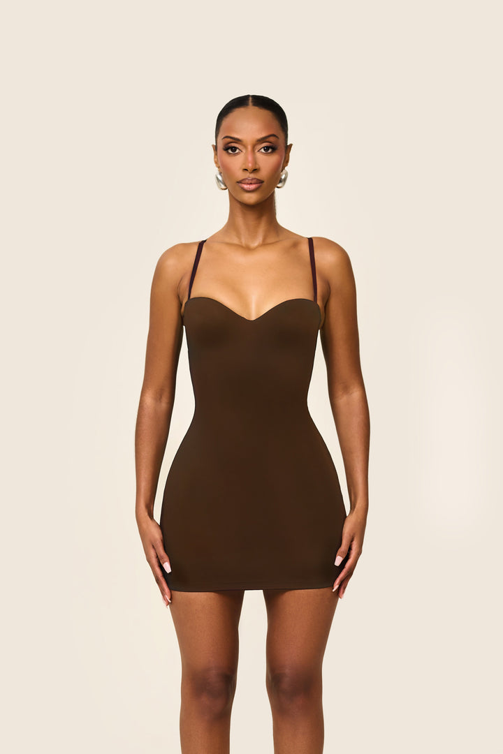Sculpt Mini Dress in Brown Sleek & Body-Contouring Fit Mars The Label USA Sculpt Mini Dress in Brown Sleek & Body-Contouring Fit Mars The Label USA